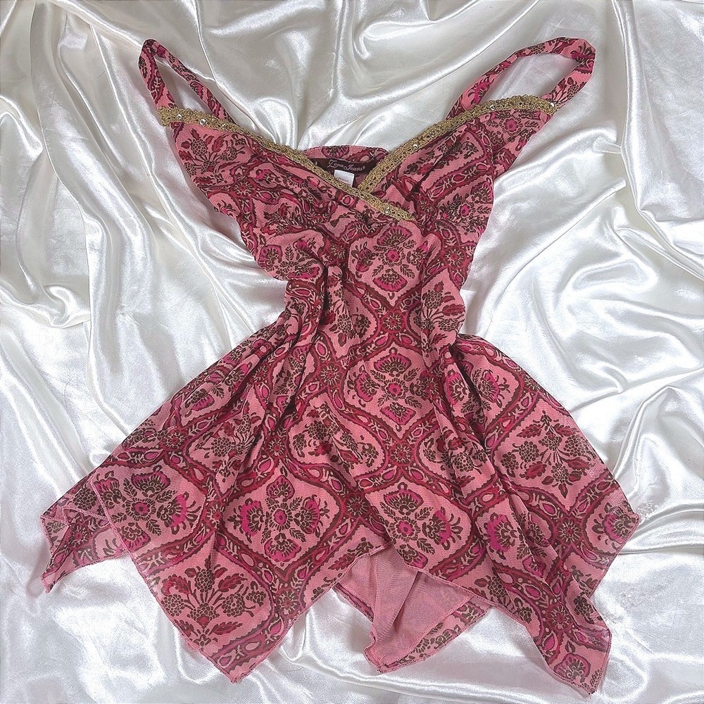 y2k Tank Top Pink Excellent Zena Jeans Mesh Paisley Gold Trim Handkerchief Hem